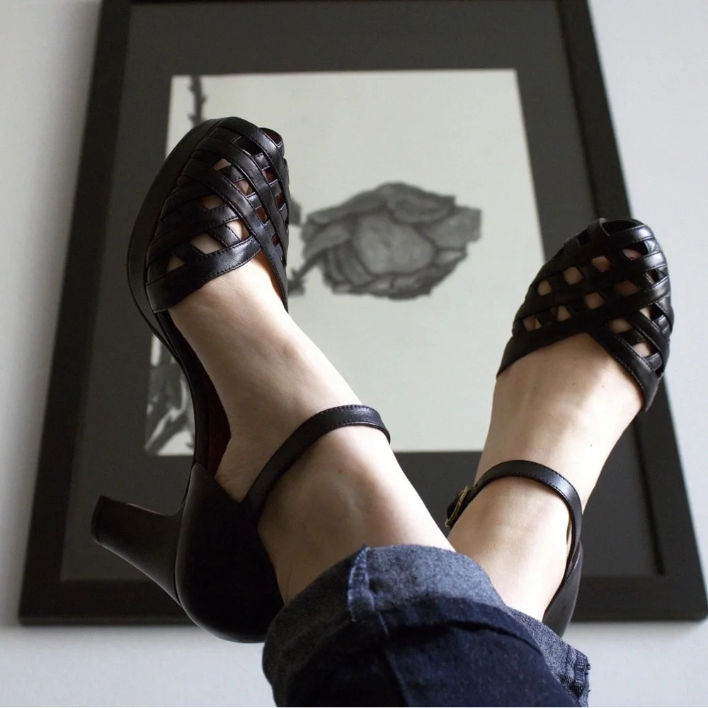 Chie Mihara Black Leather Woven Ankle-Strap Heels
